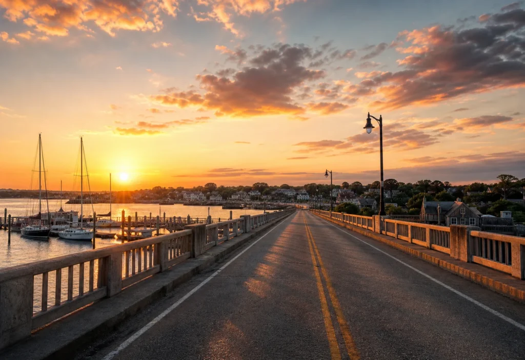 Sunset view from a coastal Cape Cod bridge