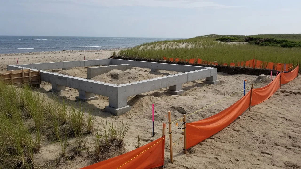 New foundation and site work on a coastal Cape Cod building lot with silt fencing and dune grass