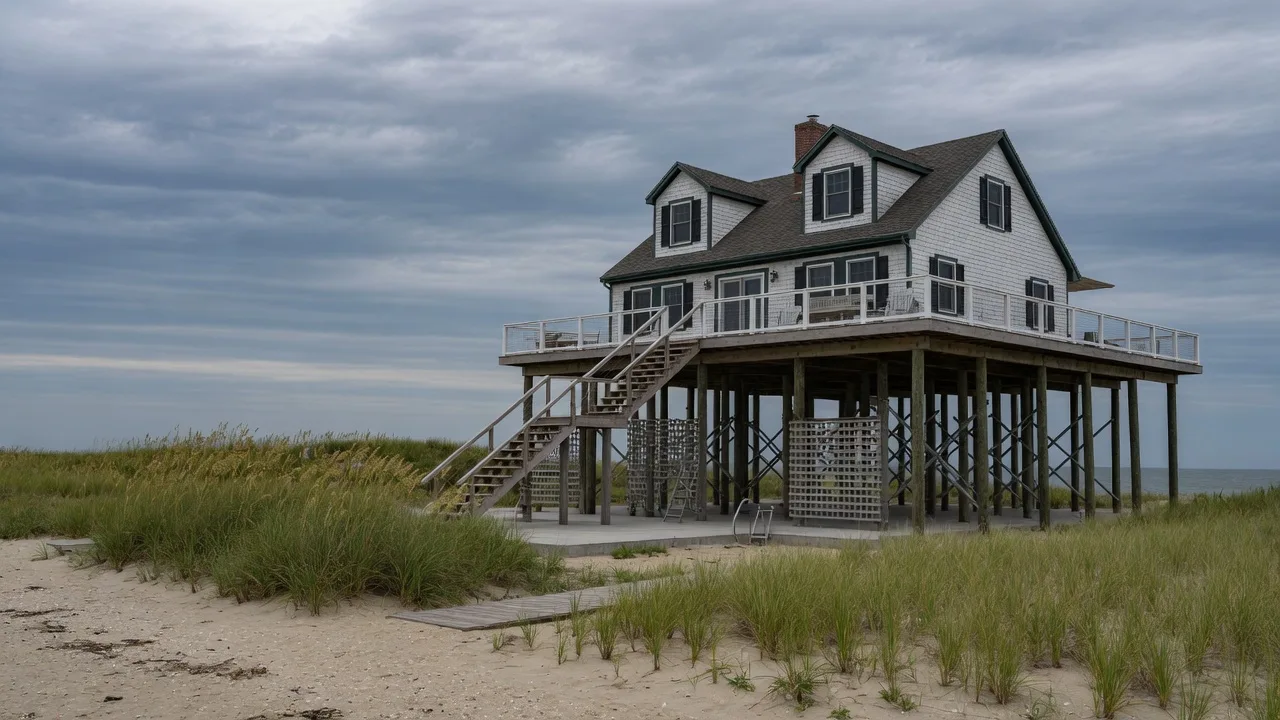 A Cape Cod coastal home raised on an engineered pile foundation above the FEMA base flood elevation