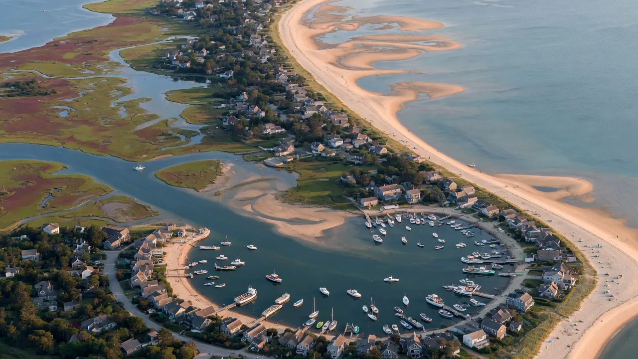 Aerial view of the Cape Cod coastline showing harbors, waterfront villages and tidal inlets
