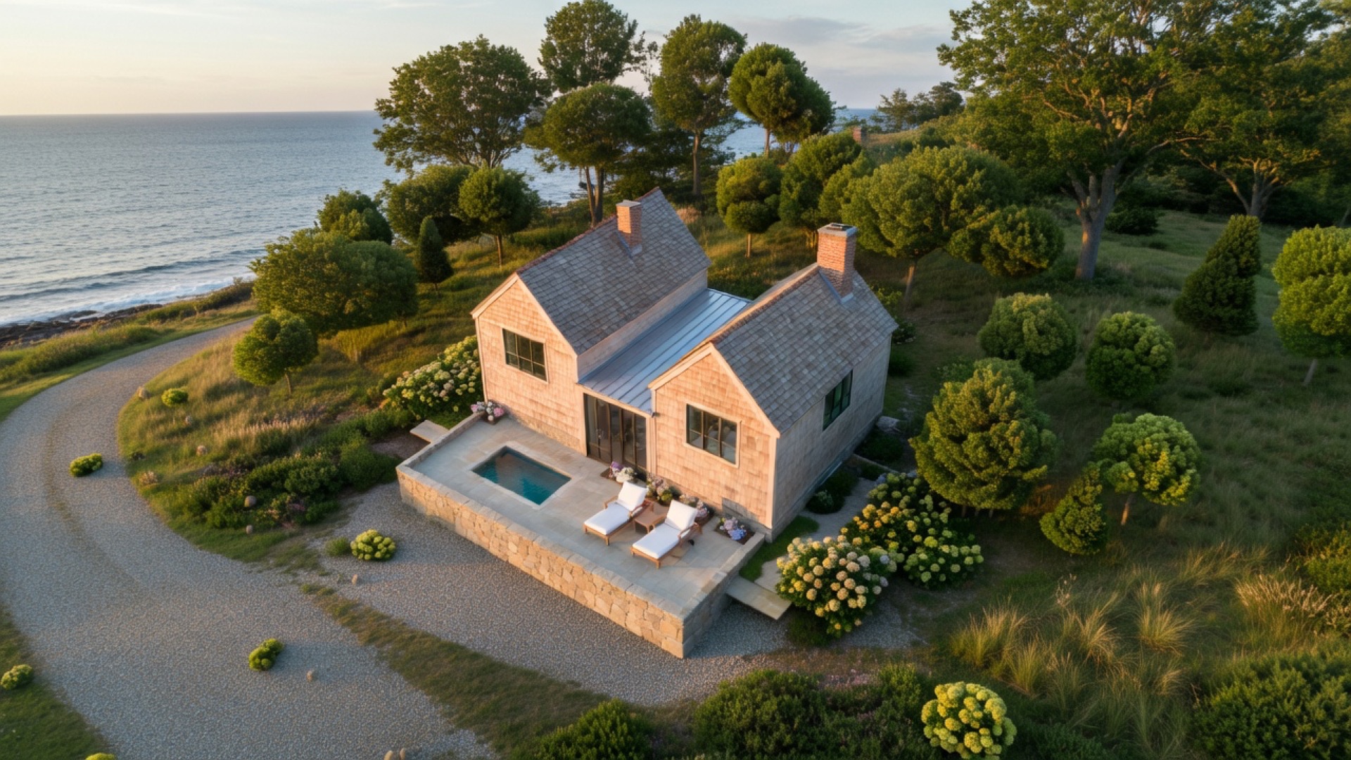 Aerial rendering of a coastal custom home showing the three-wing layout and pool terrace