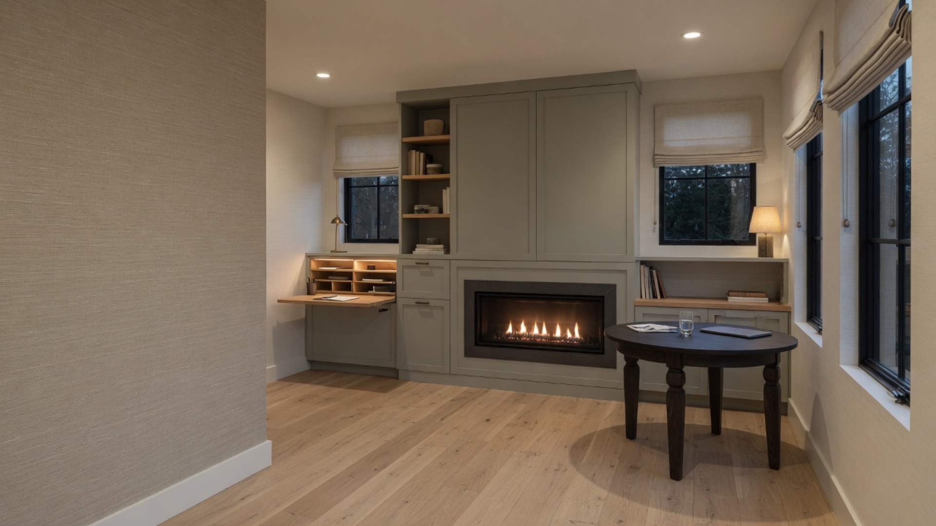 Den with gas fireplace and built-in shelving in a coastal custom home