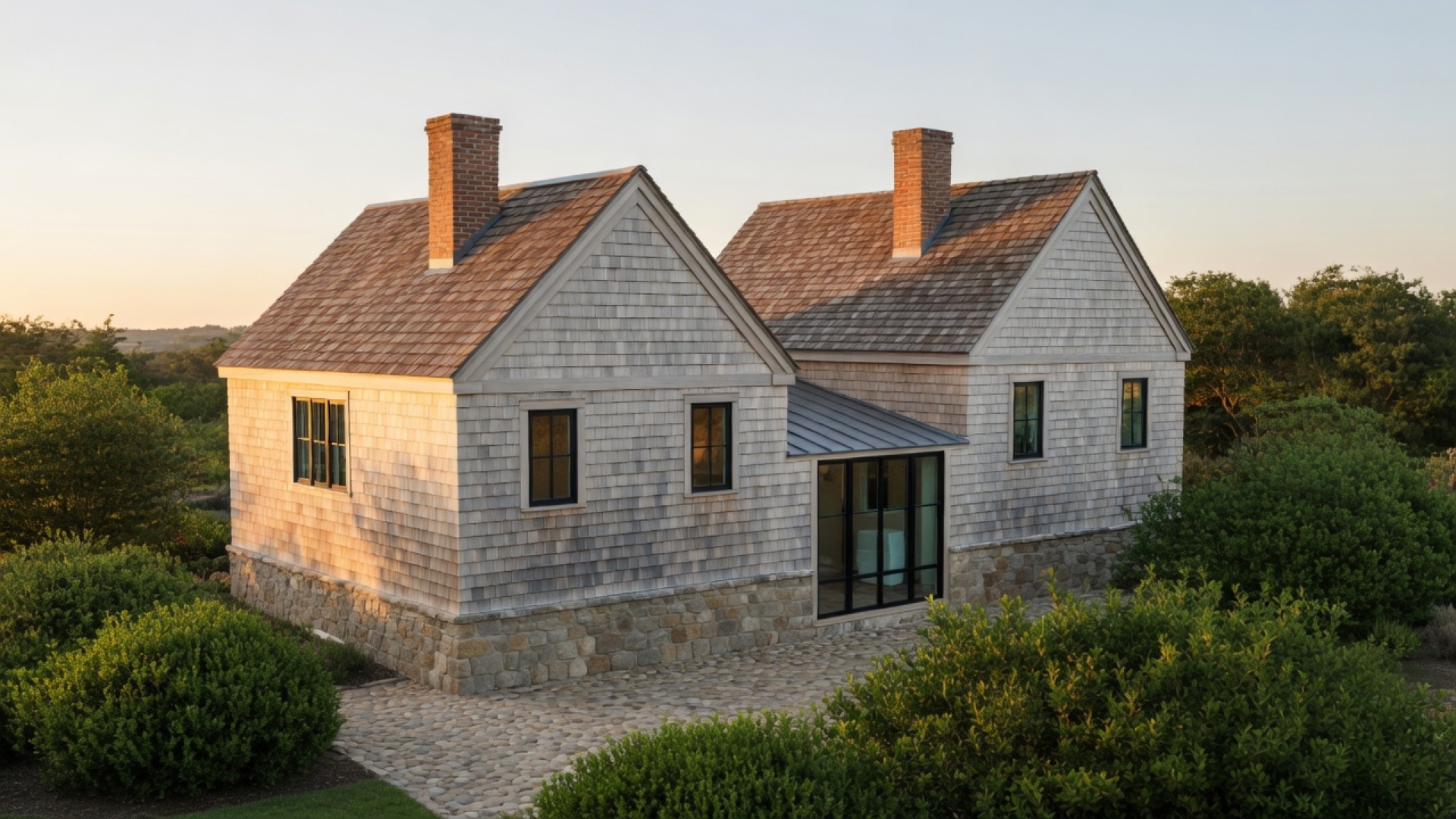 Front exterior of a coastal custom home with white cedar shingle, zinc cladding, and a stone base