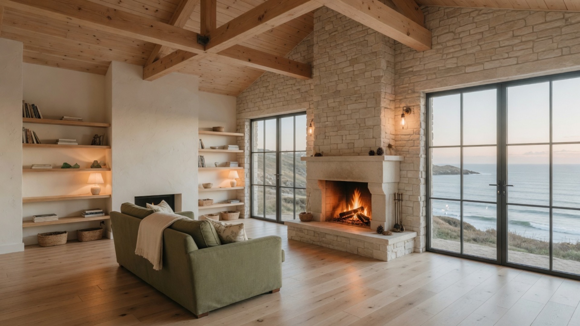 Living room of a coastal custom home with stone fireplace and white-oak millwork