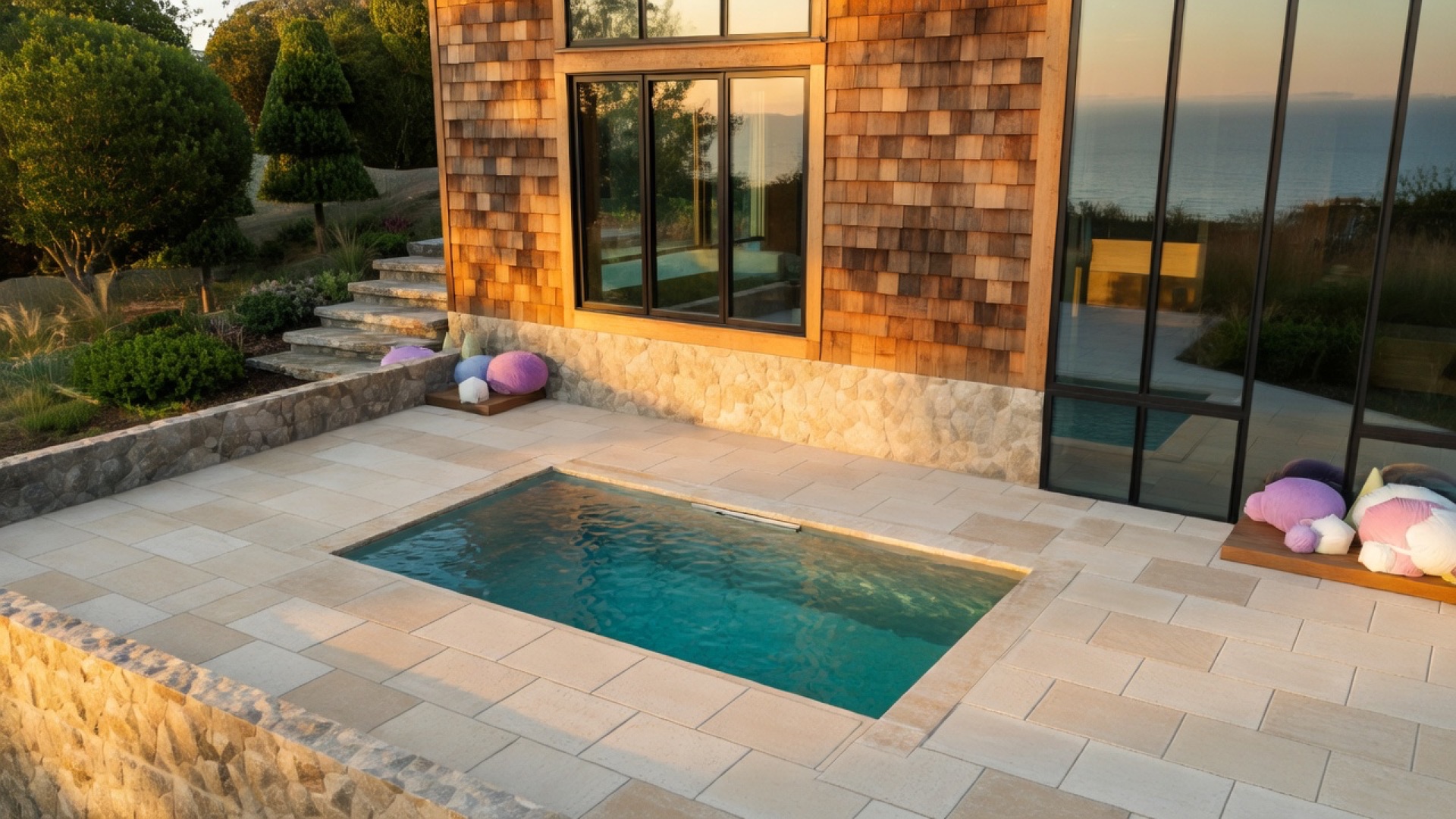 Pool and stone terrace at a coastal custom home