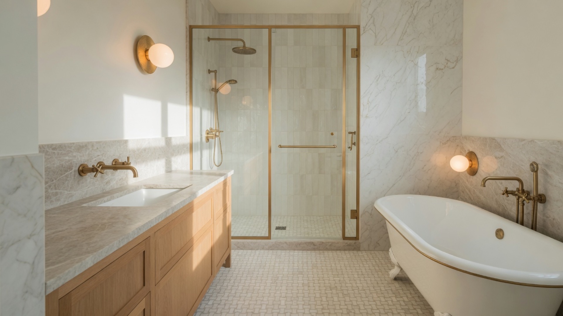 Primary bath with stone and brass fixtures in a coastal custom home